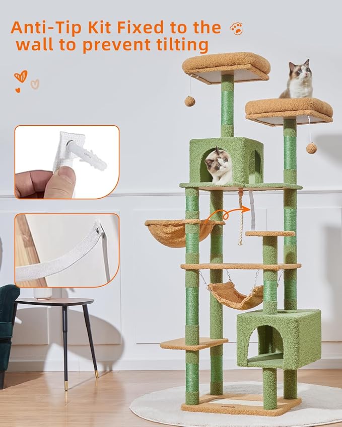 Taoqimiao Cat Tree, 71-Inch Cat Tree Cat Tower for Indoor Cats, Plush Multi-Level Cat Condo with 10 Scratching Posts, 2 Perches,Basket, 2 Caves,Hammock, 2 Pompoms,MS020T Cactus-Mewly Pet