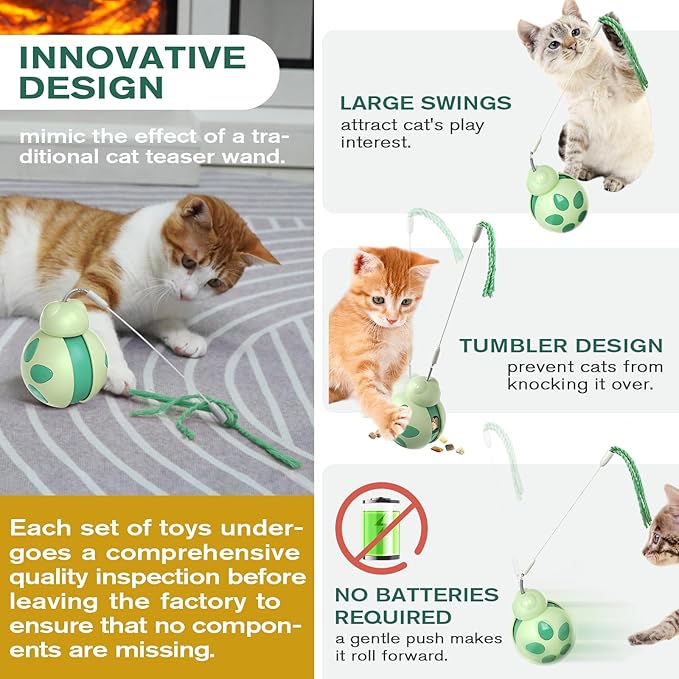 Cat Treat Interactive Toy, Indoor Puzzle Slow Feeding Mental Stimulation Sliding Rolling Cat Toy Ball with Cat Teaser, Cat Treat Dispenser Toy for Large, Medium and Small Cats (Green, ladybug)-Mewly Pet