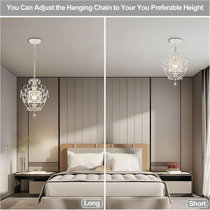 Small Crystal Chandelier for Bedroom, 90% Pre-Assembled 1 Light White Chandelier, Mini Acrylic Crystal Ceiling Light Fixture Charming for Girls Room, Closet, Bathroom, Entryway, Dining Room