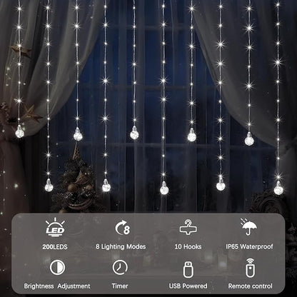 Minetom 200 LED Wishing Ball Curtain Lights - Fairy String Lights with Remote, USB Powered Waterproof for Christmas Wedding Party Bedroom Decoration, Pure White