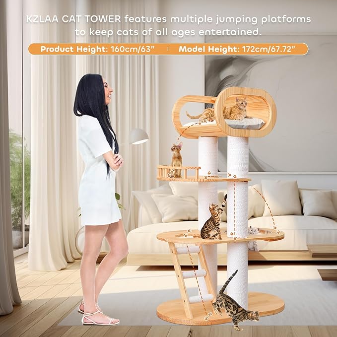 63.6'' Modern Cat Tree Indoor, Solid Wood Cat Tree with Scratching Post for Multi-Cat Families, Tall Cat Tower with Auxiliary Stairs, Huge Condo for Large Cats-Mewly Pet