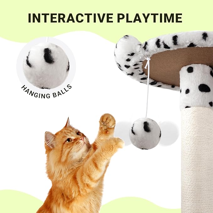 Allewie 64 Inches Cat Tree Tower/Multi-Level Activity Center for Indoor Big Felines/2 Plush Condos/2 Perchs/Basket/House/Sisal Scratching Posts/Hanging Cat Toys/White & Black Spot-Mewly Pet