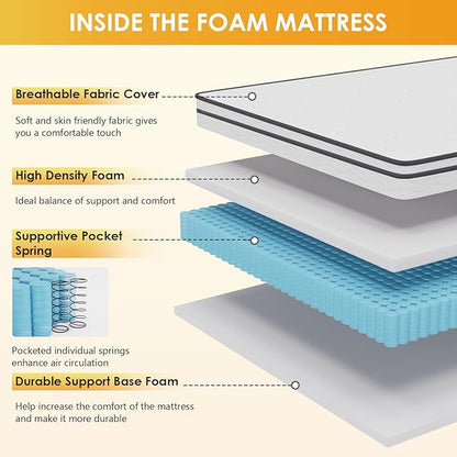 PayLessHere | 10 Inch Full Mattress | Medium Firm Hybrid Mattress | White | with High-Density Foam and Breathable Cover | Pocket Spring Design, Pressure Relief | Bed in a Box, CertiPUR-US Certified