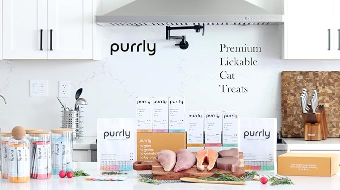 Purrly Interactive Lickable Cat Treats Low Calorie Human-Grade Chicken Breast & Turkey with L-Lysine & Astaxanthin for Immunity (30 Count) Non-Seafood Hydrating BPA-Free for All Ages-Mewly Pet