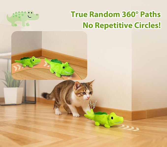 Interactive Cat Toys for Indoor Cats - Automatic Moving Cat Chase Toy for Bored Indoor Adult Cats - 360° Random Movement, Tail Wagging & Catnip Stimulation - Electric Croc(Short Plush)-Mewly Pet