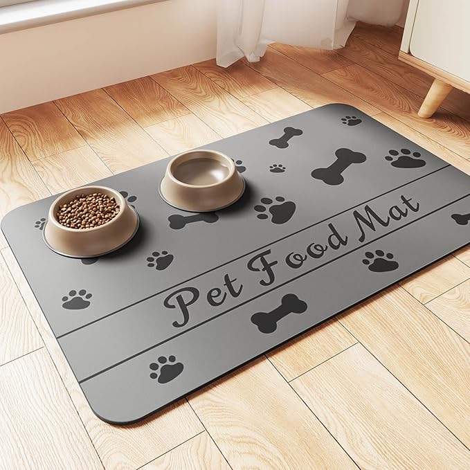 Pet Feeding Mat-Absorbent Pet Placemat for Food and Water Bowl, with Waterproof Rubber Backing, Quick Dry Water Dispenser Mat for Dog and Cat (16"x24", Dark Gray)-Mewly Pet