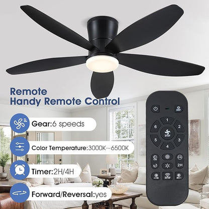 48" Ceiling Fans with Lights-Low Profile Ceiling Fan with Light and Remote/APP Control, Black Flush Mount Ceiling Fans,DC Reversible,LED Dimmable