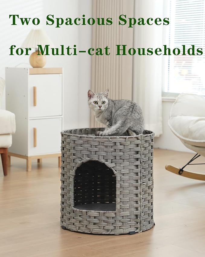 Cat House for Indoor Cat, Large Double Cat Houses Cat Bed Cave, Handwoven Rattan Pet Beds with One Soft Pad, 17 x 17 x 17 Inches Foldable Kitten Hideaway in Living Room Gray-Mewly Pet