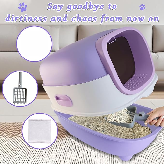 Large Cat Litter Box with Cat Litter Scoop, Foldable Litter Box with Lid, Front Entry and Exit Leak-Proof Litter Cat Box, Odor Control, Easy to Clean (Purple)-Mewly Pet