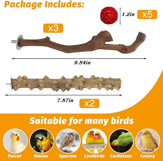 kathson 5pcs Natural Parrot Perch for Cage Wooden Bird Perches Grape Bird Stick Parakeet Climbing Standing Branches Toy Chewable Cage Accessories for Small Budgies Cockatiels Lovebirds Budgies-Mewly Pet