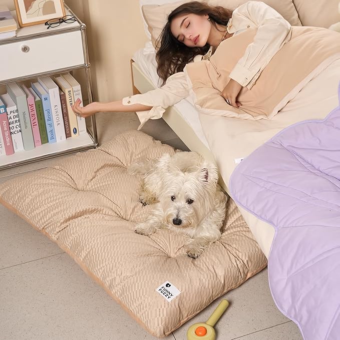 FUNNY FUZZY 2 in 1 Dog Bed Crate Pad Mat, Washable Reversible Pet Floor Mats,Fluffy Kennel Pad for Small Large Sized Dog,Indoor Cats,Sleeping Mattress, 41.7" × 28.3", Beige-Mewly Pet