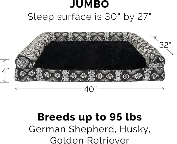 Furhaven Orthopedic Dog Bed for Large Dogs w/ Removable Bolsters & Washable Cover, For Dogs Up to 95 lbs - Plush & Southwest Kilim Woven Decor Sofa - Black Medallion, Jumbo/XL-Mewly Pet