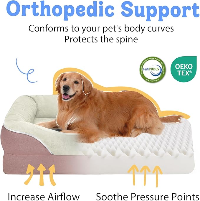 Orthopedic Washable Large Dog Bed - Removable Orthopedic Foam Dog Beds with Bolsters Waterproof Large Dogs Bed and Non-Slip Bottom-Mewly Pet