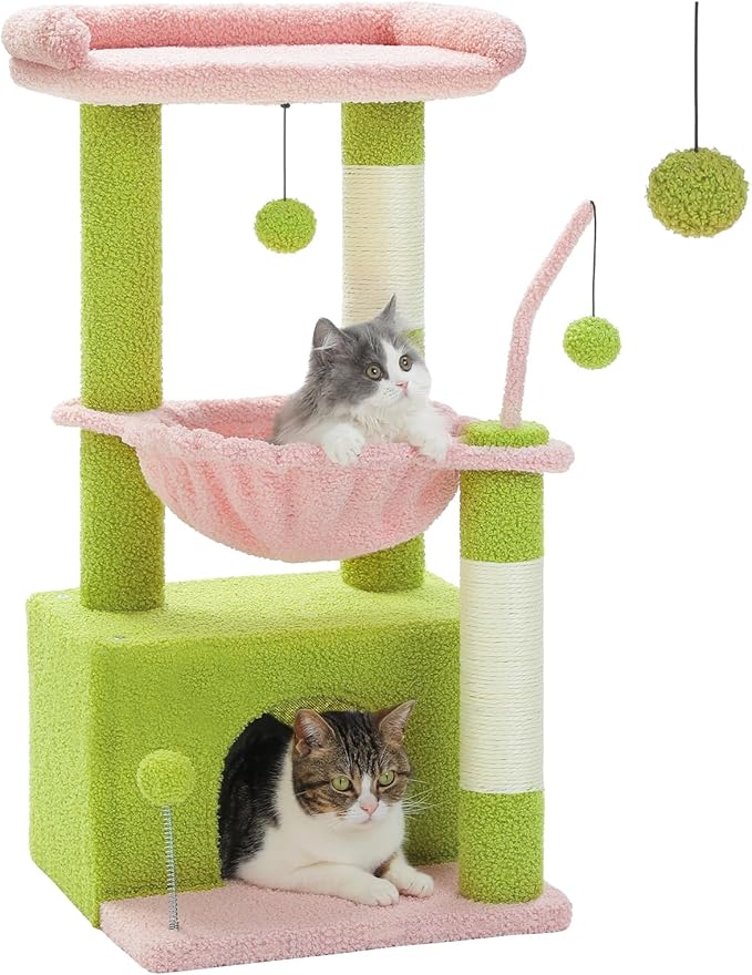 PEQULTI 4-in-1 Multi-Level Cat Tower, 33'' Pink Cat Tree for Indoor Cats with Large Condo, Scratching Post for Cats with Deep Hammock& Cozy Top Perch-Mewly Pet