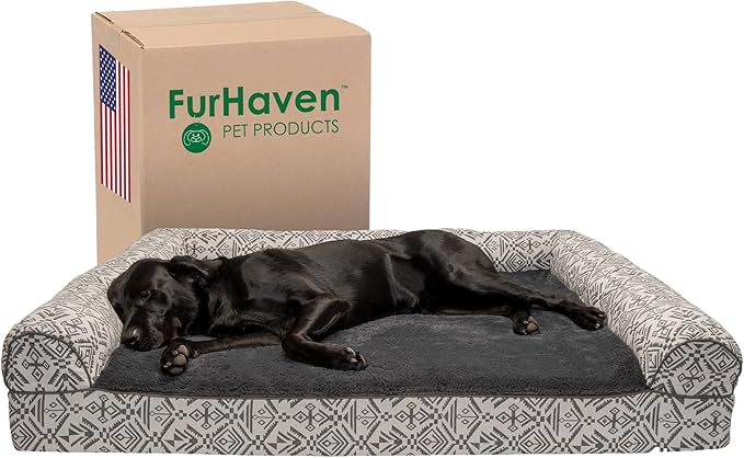 Furhaven Orthopedic Dog Bed for Large Dogs w/ Removable Bolsters & Washable Cover, For Dogs Up to 125 lbs - Plush & Southwest Kilim Woven Decor Sofa - Boulder Gray, Jumbo Plus/XXL-Mewly Pet
