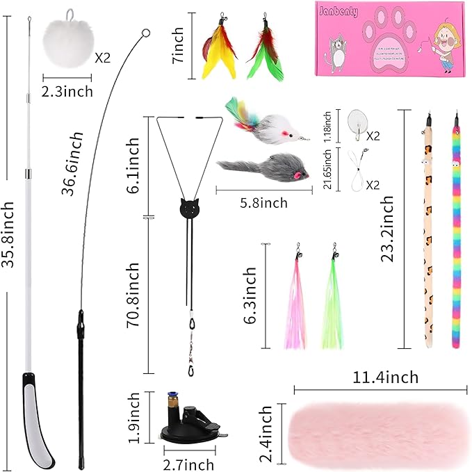 4-in-1 Interactive Cat Feather Toys with Durable Retractable Fishing Pole, Enhanced Suction Cup Toy, Door Hanging Teaser Toy and 11 Attachments Replacements for Bored Indoor Adult Cats-Mewly Pet