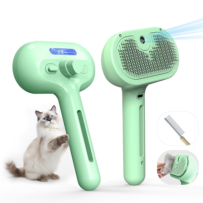 Pet Grooming Brush with Electronic Mist Spray - Gentle Deshedding Tool for Cats & Dogs, Pet Steam Brush，Reduces Shedding, Soft Bristles, Promotes Healthy Coat-Comes with a hair smoothing comb-Greener-Mewly Pet