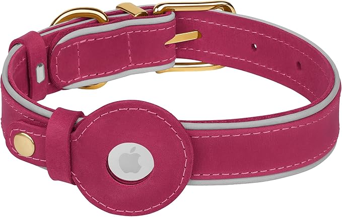 OOPSDOGGY Reflective Geniune Leather Airtag Dog Collar Soft Padded Collars for Small Medium Large Breed Dogs Puppy, 4 Sizes, 7 Colors (Pink, XLarge, 19"-24")-Mewly Pet