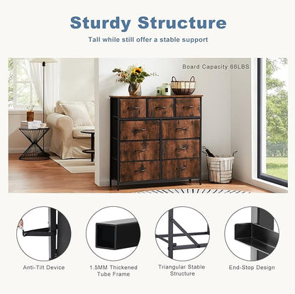 DUMOS Dresser for Bedroom, Storage Organizer with 9 Drawers, Chest of Drawers with Fabric Bins, Sturdy Metal Frame, Wood Tabletop for Guest Room, Closet, Entryway, Nursery