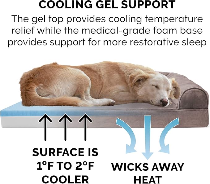 Furhaven Cooling Gel Dog Bed for Large Dogs w/ Removable Bolsters & Washable Cover, For Dogs Up to 125 lbs - Faux Fur & Velvet Sofa - Driftwood Brown, Jumbo Plus/XXL-Mewly Pet