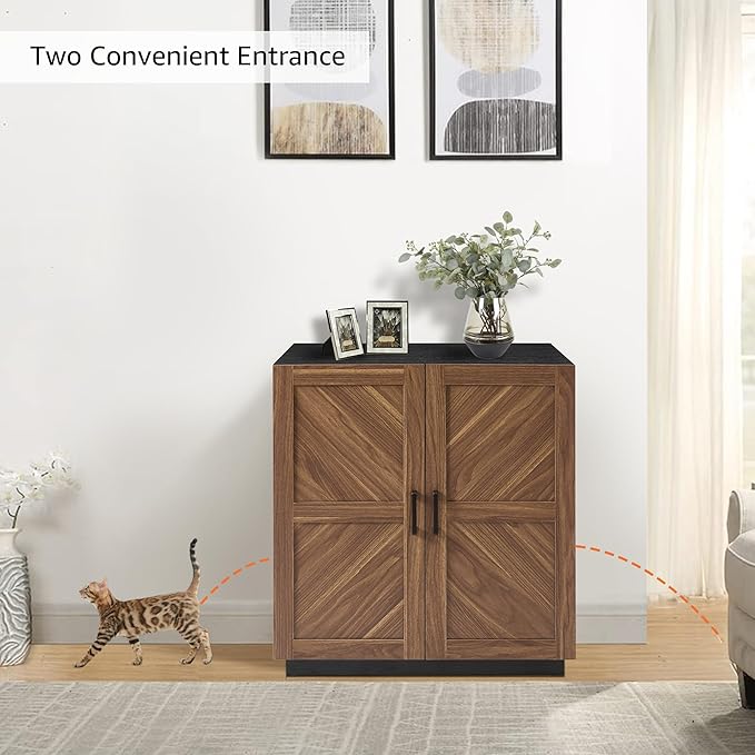 unipaws Cat Litter Box Enclosure with Shelves, Tall Hidden Litter Box Cover for Tall or Top Entry Litter Box, Kitty Enclosed Litter Box Cabinet, Cat Box Furniture, Walnut-Mewly Pet