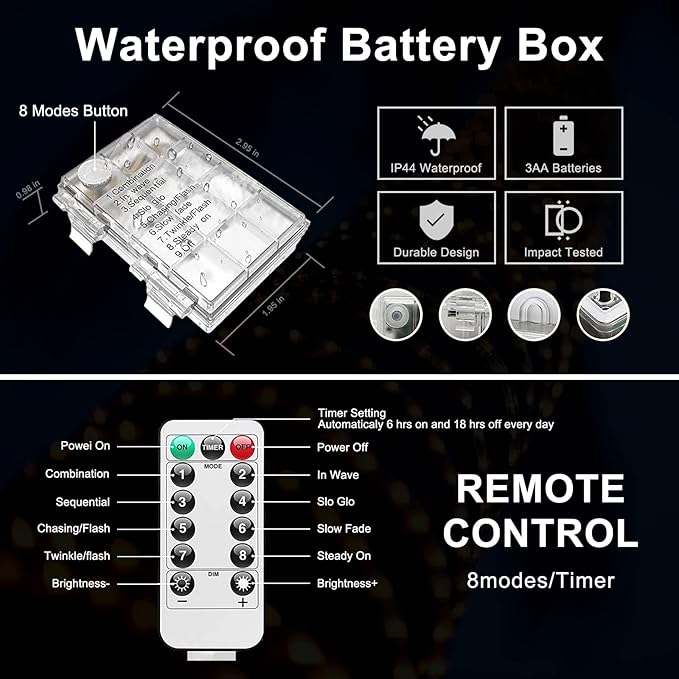 JMEXSUSS 2 Pack Battery Operated Rope Lights Warm White - Outdoor Waterproof, 200LED 66ft 8 Modes Battery Powered String Lights Outdoor with Remote for Camping Tent Trampoline Christmas Decorations