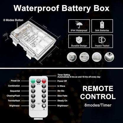 JMEXSUSS 100 LED Christmas Lights Battery Operated Rope Lights Outdoor Waterproof, 33 ft 8 Modes Battery Powered String Lights with Remote for Car Tree Christmas Decor (Multicolor)