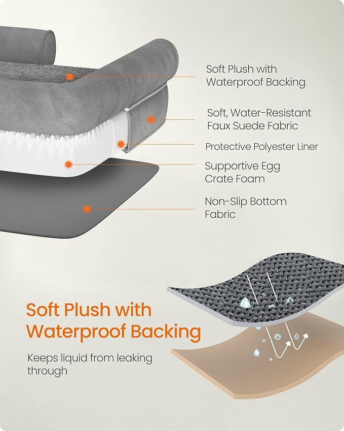 Feandrea Dog Bed, Orthopedic Large Waterproof Bed, Removable Washable Cover Dog Sofa with Non-Slip Bottom, Raised Edges, 42 x 32 x 8 Inches, Light Gray UPGW077G02V1-Mewly Pet