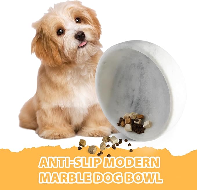 White Marble Dog Bowl - Non-Slip, Non-Tipping, Heavy Duty for Large Dogs - African Natural Stone Water and Food Bowl, Holds 4.6 Cups (7.5lbs)-Mewly Pet