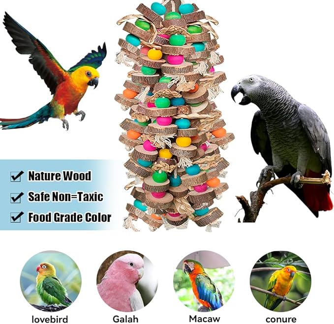 Parrot Toys for Large Birds, Multicolored Wooden Blocks Bird Chewing Toy Parrot Cage Bite Toy or Macaws Cokatoos African Grey and Large Medium Birds-Mewly Pet