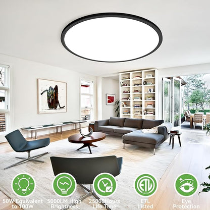 zemty 20 inch LED Flush Mount Ceiling Light, 50W 5000lm Large Light Fixture, 3 Color Temperature in One 3000k 4500k 6000K Round Modern Ceiling Lamp for Bedroom Kitchen Dining Room (Black)
