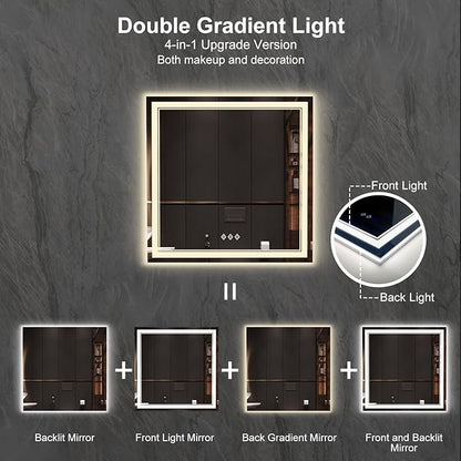 LED Mirror for Bathroom, 36x36 Inch, 3 Colors Dimmable CRI>90 Double Lights, Enhanced Anti-Fog, Hanging Plate Wall Mount Lighted Vanity Mirror