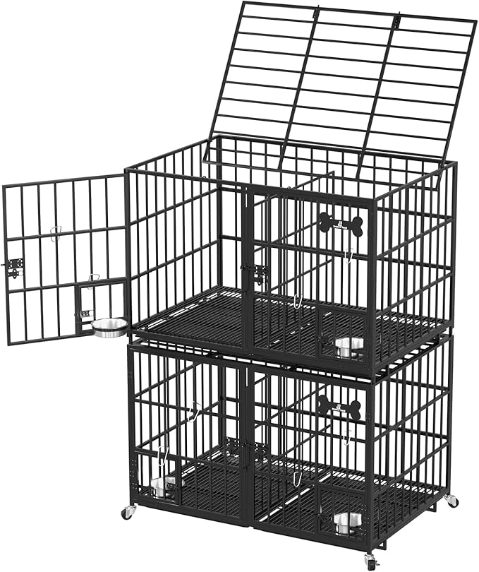 aboxoo 48 inch Stackable Heavy Duty Metal Dog Crate for 4 Dogs/Large Dog,All Metal Open Top Access,Escape Proof Cage,Dog Kennel Indoor with Wheels,Floor Grid, Tray, Divider and Feeding Bowl-Mewly Pet