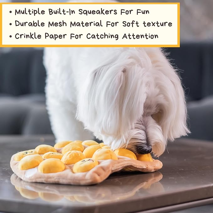 Egg Puff/Waffle 2-in-1 Nose-Work Soft Plush Squeaky Dog Toy - Durable, Cute & Fun HK Gift for Interactive Bonding Time, Hide Chew Sticks & Food for Puzzle Play, Small Medium Dogs-Mewly Pet