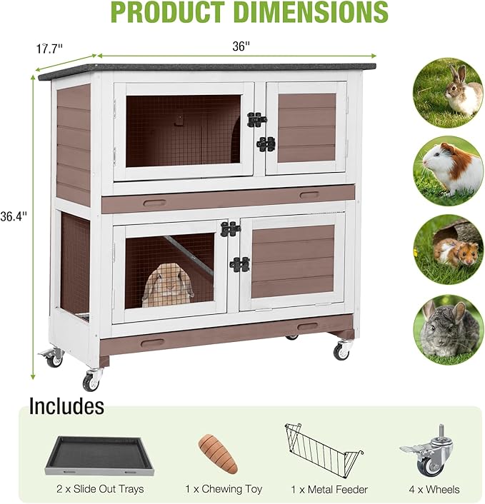 2-Story Rabbit Hutch Indoor Bunny Cage Wooden Guinea Pig House with Chew-Proof Ramp, Leakproof Slide-Out Trays, Lockable Caster Wheels for 1-3 Rabbits (Brown)-Mewly Pet