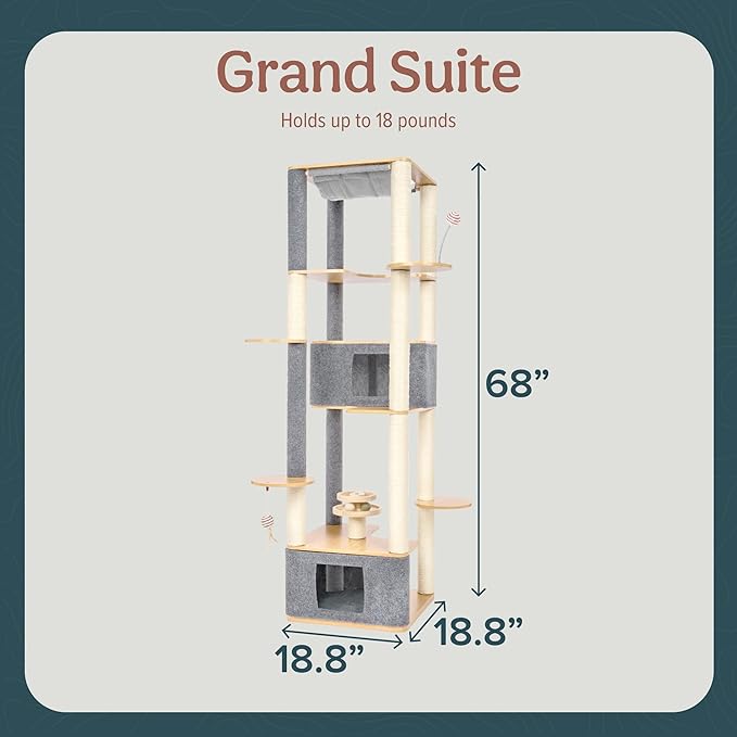 Ascentials - Grand Suite Cat Scratcher Playground - Tall Cat Tower Playground Structure, Sisal Scratching Areas, Grey Felt, Bamboo Veneer w/Linen & Velvet Surface Areas-Mewly Pet