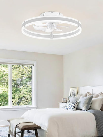 ZMISHIBO Ceiling Fans with Lights and Remote, 19.7'' Low Profile Ceiling Fan, 3000-6000K Dimmable Modern Flush Mount LED Fan Light, 6 Wind Speeds, White Fandelier Ceiling Fans for Bedroom