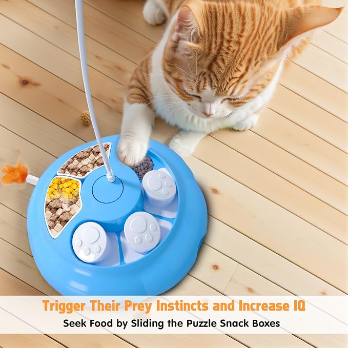 Interactive Cat Toys for Indoor Cats, 4in1 Pet Teaser Toy with Ambush Feather Wand, Motorized Fluttering Butterfly and Slow Feeder, Rechargeable Power Treat Puzzle Toy(Blue)-Mewly Pet