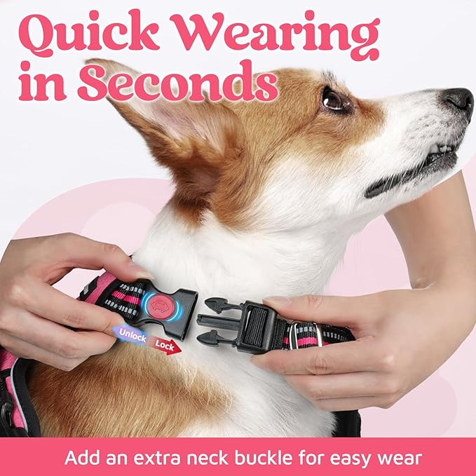 rabbitgoo Dog Harness for Large Dogs, No Pull Pet Vest with 3 Buckles, Adjustable Soft Padded Pet Harness with Easy Control Handle and Reflective Strips, Pink, L-Mewly Pet