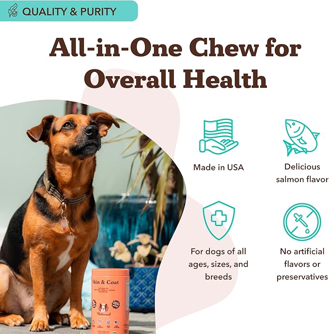 Natural Dog Company Skin & Coat Supplement for Dogs Omega-3 Rich Salmon Oil Chews for Itchy Skin Relief, Shedding & Allergy Support, Shiny Coat Health, with Biotin, Vitamin E, Grain-Free (180 Count)-Mewly Pet