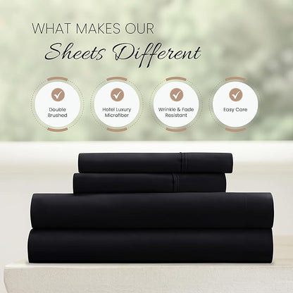 Linen Market Brushed Microfiber Full Sheet Set 4 Piece – Oeko-TEX Certified Ultra Soft & Wrinkle-Free - 16" Deep Pocket Sheets - Easy Care Full Size - Black