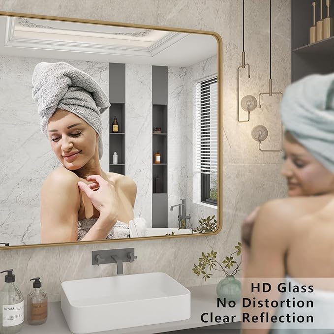 28x36 Gold Framed Mirror for Bathroom, Brushed Gold Mirror with Metal Frame, Modern Rectangle Brass Vanity Mirror for Wall, Shatterproof, Anti-Rust (Horizontal/Vertical)