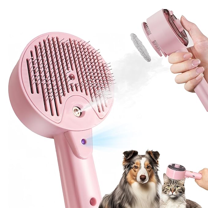 Cat Steam Brush For Shedding, Steamy Dog Grooming Brush With 2-Speed Spray, Blue Light And Release Button, Rechargeable Water Pet Hair Brushes Wet Self Cleaning Spa Comb-Mewly Pet