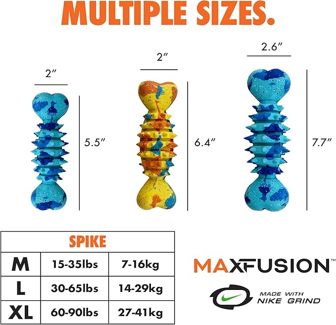 Max Fusion with Nike Grind, Arlee Spike Bone Dog Toy, Chew Toy for Play, Fetch, Tug, M-Mewly Pet