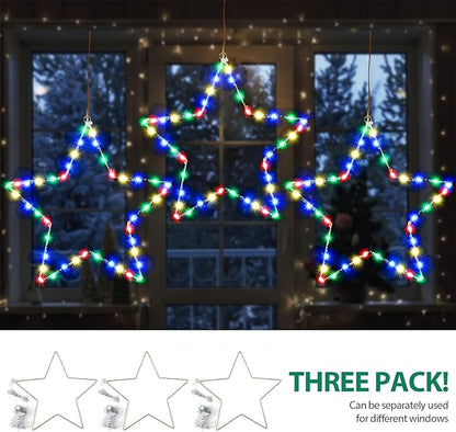 MAOYUE Window Lights 3 Pack Christmas Window Star Lights with Timer Battery Operated Christmas Decorations 8 Lighting Modes with 3 Remote Controls for Outdoor, Indoor, Porch, Party, Colorful