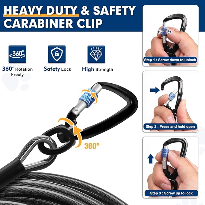 Snagle Paw Dog Leads for Yard 50FT-1000LBS Break Strength,Heavy Duty Tie Out Cable for Dogs with Swivel Lockable Hook & Spring,Chew Proof Dog Chain for Outside,Dog Run Cable for Medium Large Dogs-Mewly Pet