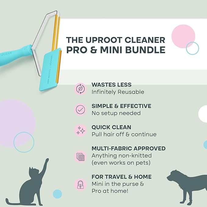 Uproot Cleaner Pro Pet Hair Remover & Mini - Pet Hair Removal Tool Multi Fabric Edge & Carpet Scraper - Cat for Couch, Cat Towers, Car Detailing The Furry-Situation Survival Kit-Mewly Pet