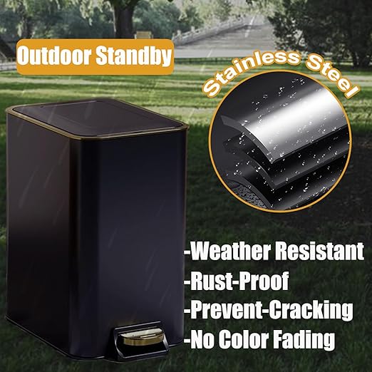 Dog Poop Trash Can Outside Stainless Steel - Metal Pooper Scooper Set - 12L Dog Waste Trash Can Outdoor with Pedal - Backyard, Yard - Removable Inner Bin, Long Handle Tray and Rake - Black and Gold-Mewly Pet