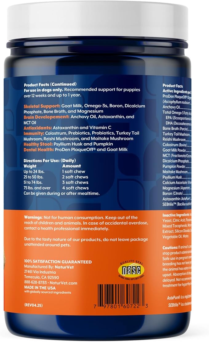 NaturVet All-In-One Puppy Daily Care, 6-In-1 Support Dog Soft Chews to Help Bones, Joints, Digestion, Teeth, Cognition, and More, Hickory Smoked Bacon Flavored Pet Supplement for Puppies, 60 Count Jar-Mewly Pet