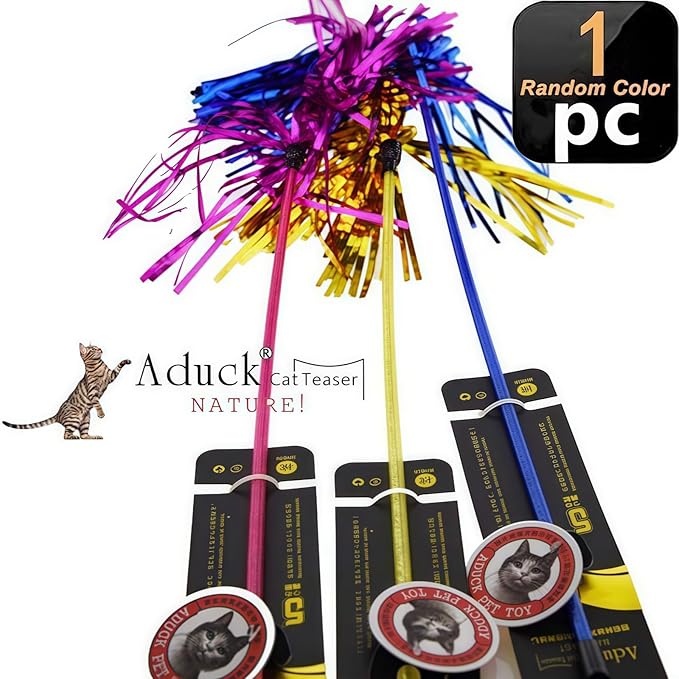ADUCK Interactive Cat Teaser Wand Toy with Tassels - Durable Cat Chaser for Indoor Kitten Exercise, Boredom Relief & Training Play - Assorted Color, 1 Pack-Mewly Pet
